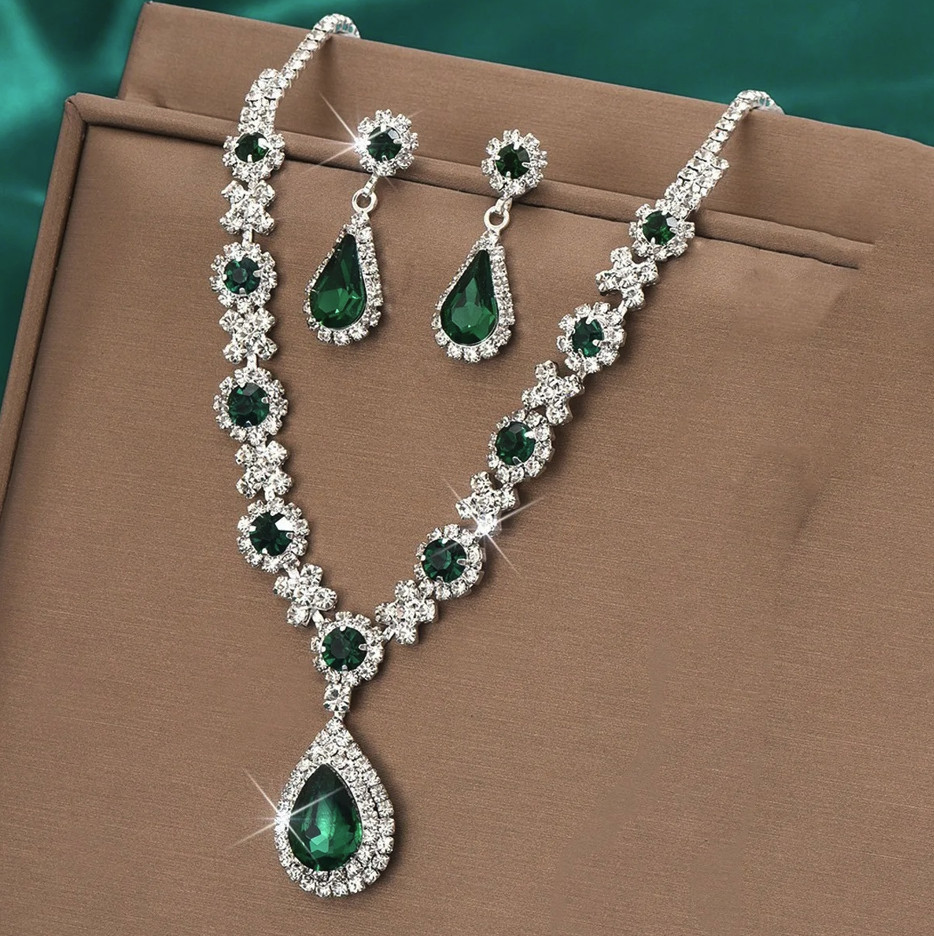 3pcs Crystal Drop Necklace Earrings Jewelry Set Women Wedding Party – NEW
