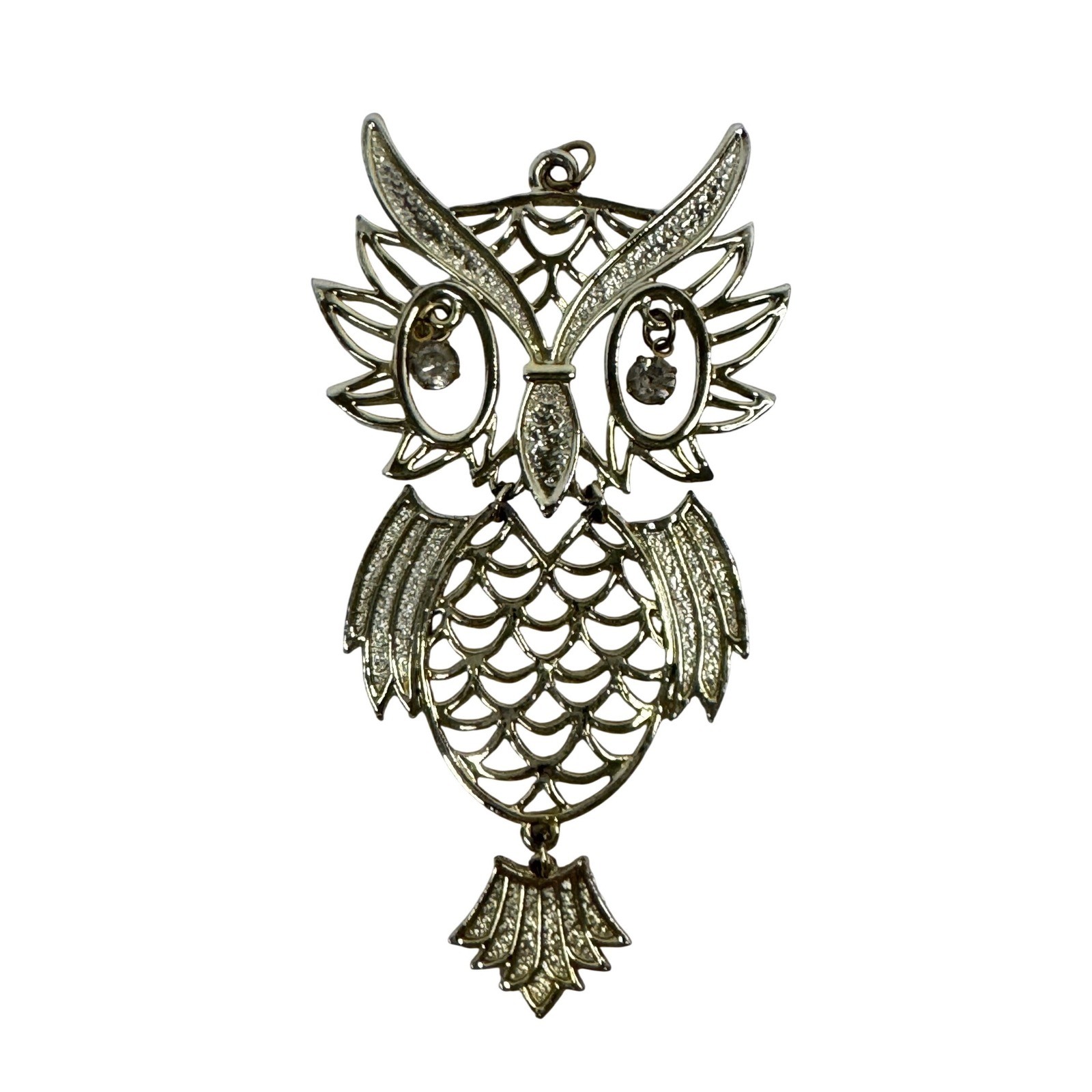 Gold Tone Articulated Owl Pendant Rhinestone Eyes Filigree Statement Bird Boho