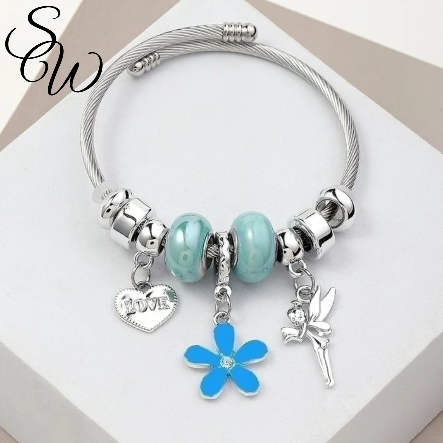 Elegant Love Charm Bangle Bracelet Stainless Steel Cuff Adjustable Jewelry