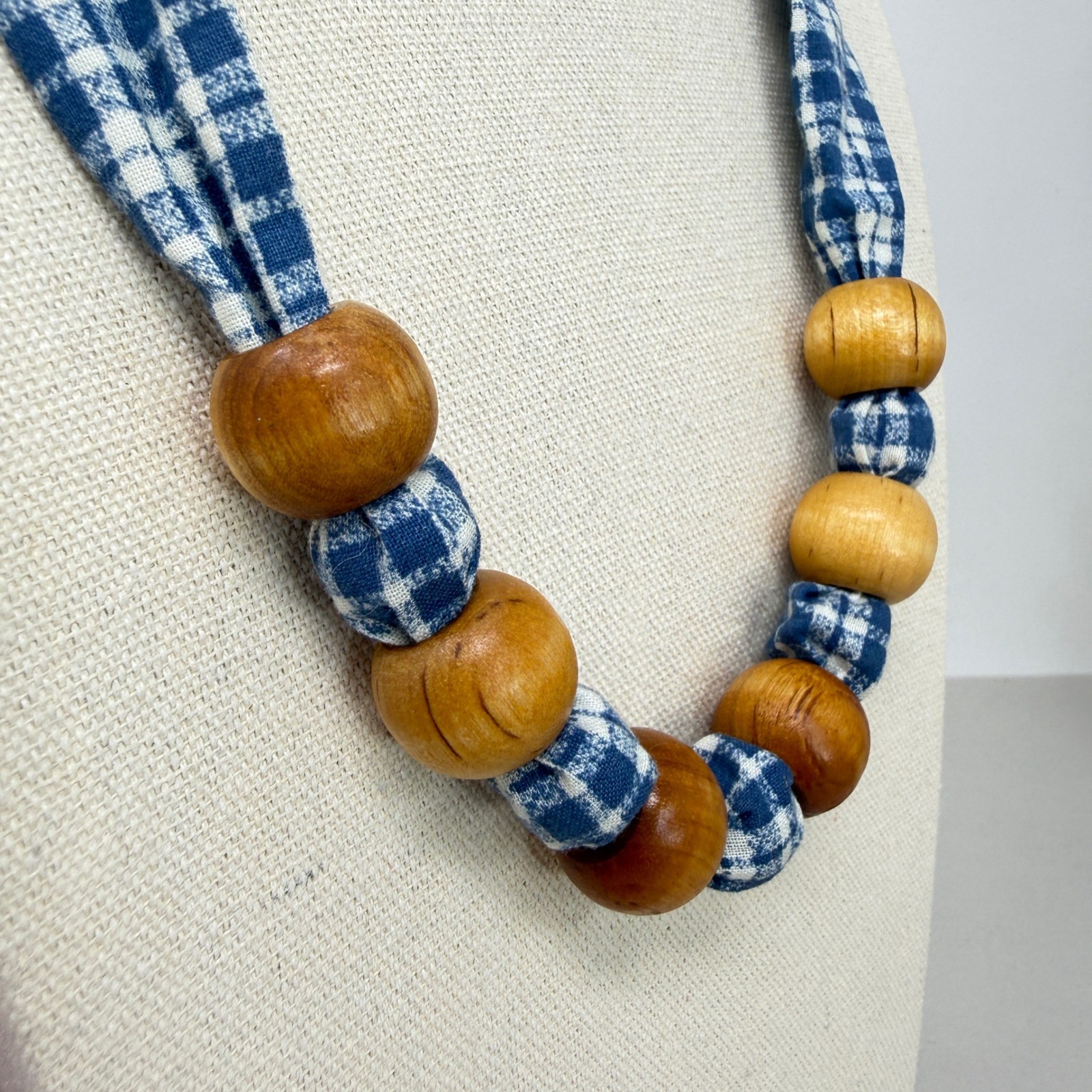 Blue Gingham Fabric Tie Necklace with Natural Wood Beads Cottagecore Vintage 80s