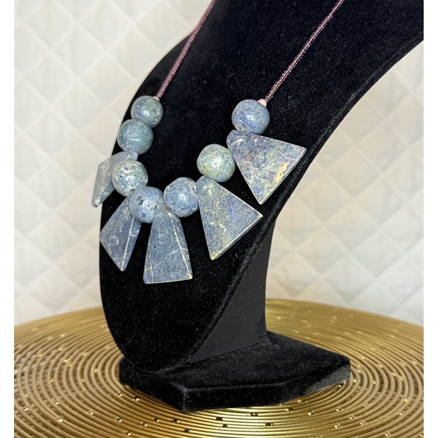 Chunky Blue Stone Geometric Statement Necklace Slab Beaded Barrel Clasp 17″