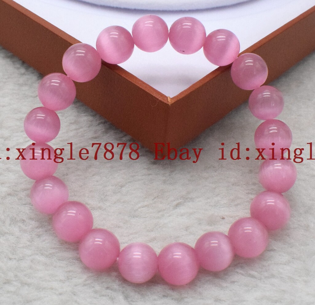 Pretty 6/8/10/12/14mm Pink Opal Cat’s Eye Gemstone Round Beads Bracelet 7.5″ AAA