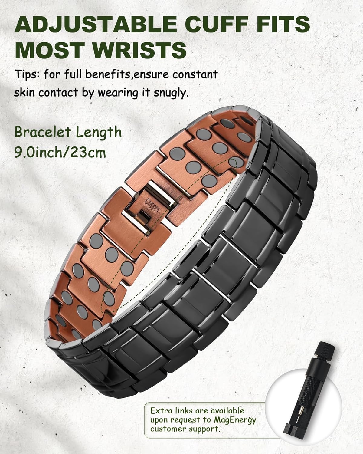 MagEnergy Copper Bracelet for Men, 3X Strength Magnetic Bracelet, 99.99% Pure Co