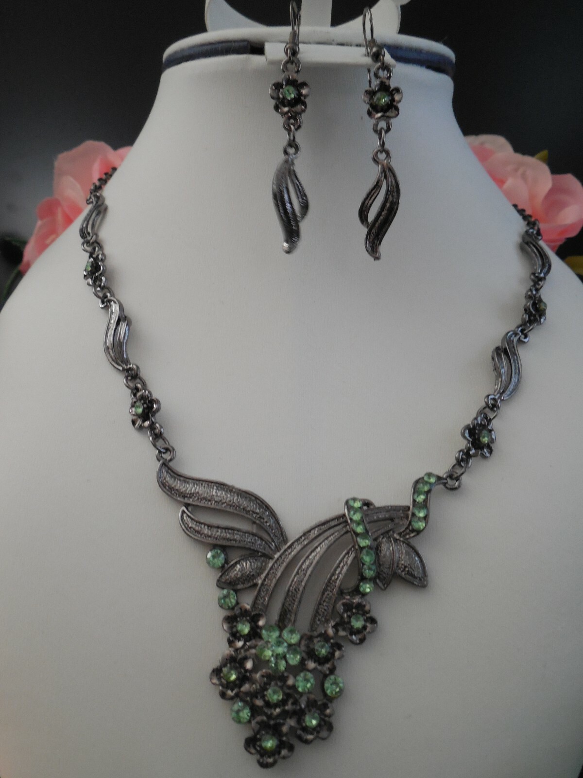 Lovely Ion Plated Black Stainless Steel Peridot Rhinestone Chevron Necklace Set