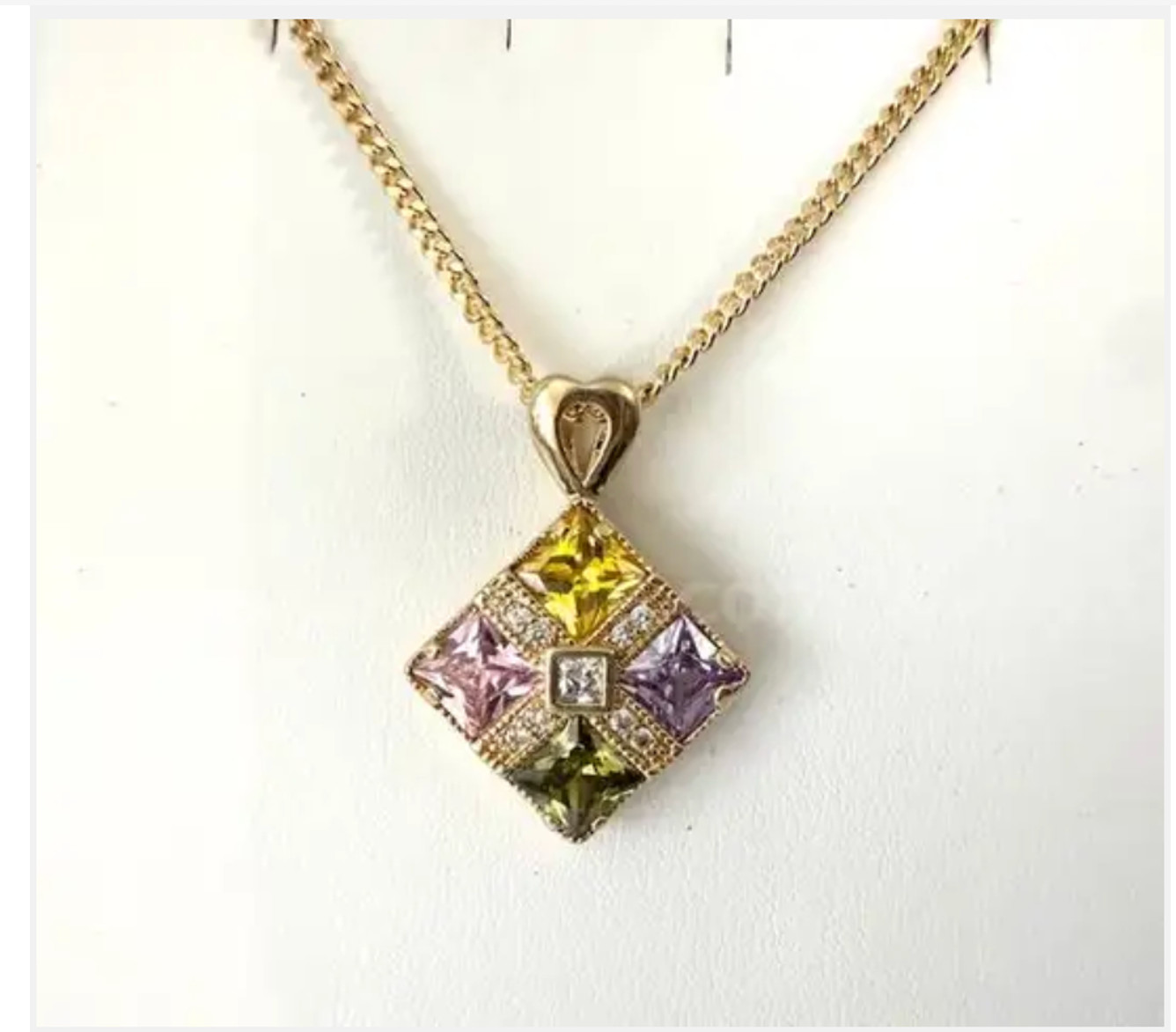 24K Gold Clad 4-Color Cubic Zirconia Diamond Pendant 18″ Cuban Link Necklace | N