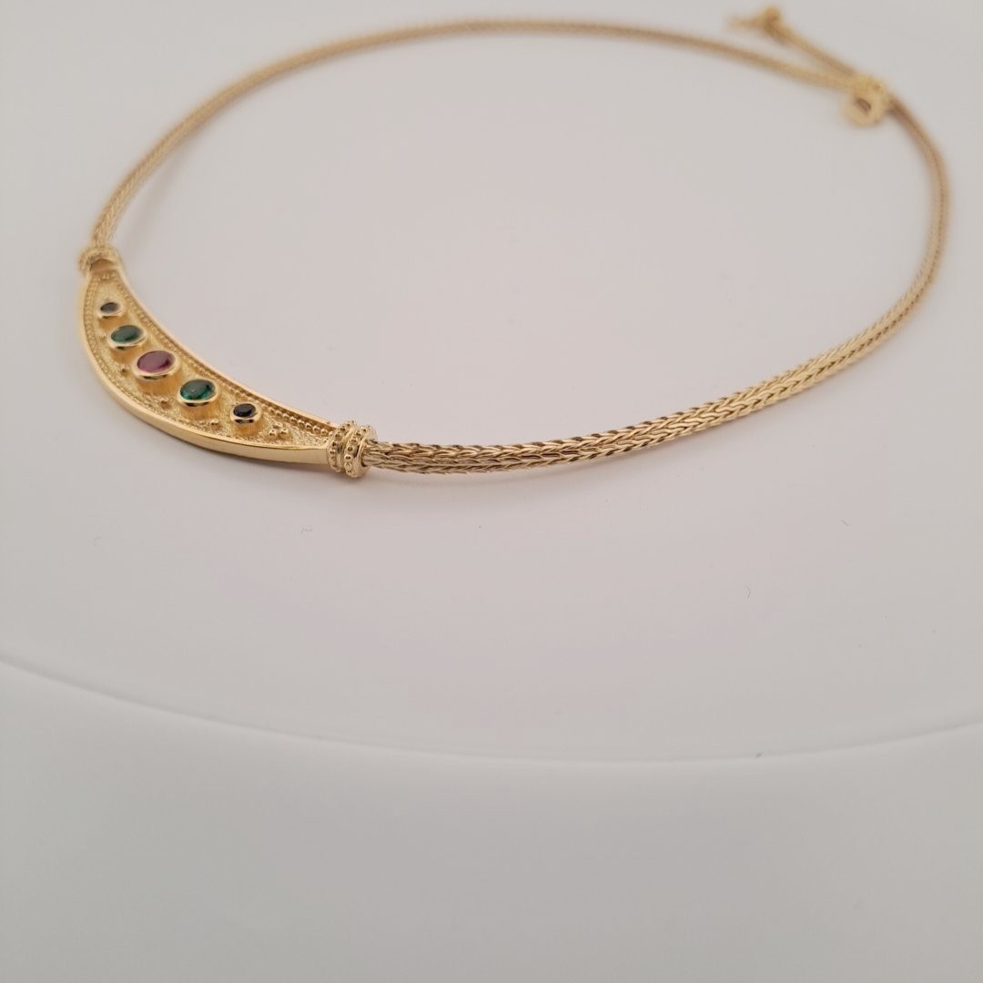 Byzantine Necklace, Gold Plated Curved Bar with Multicolor Gemstones