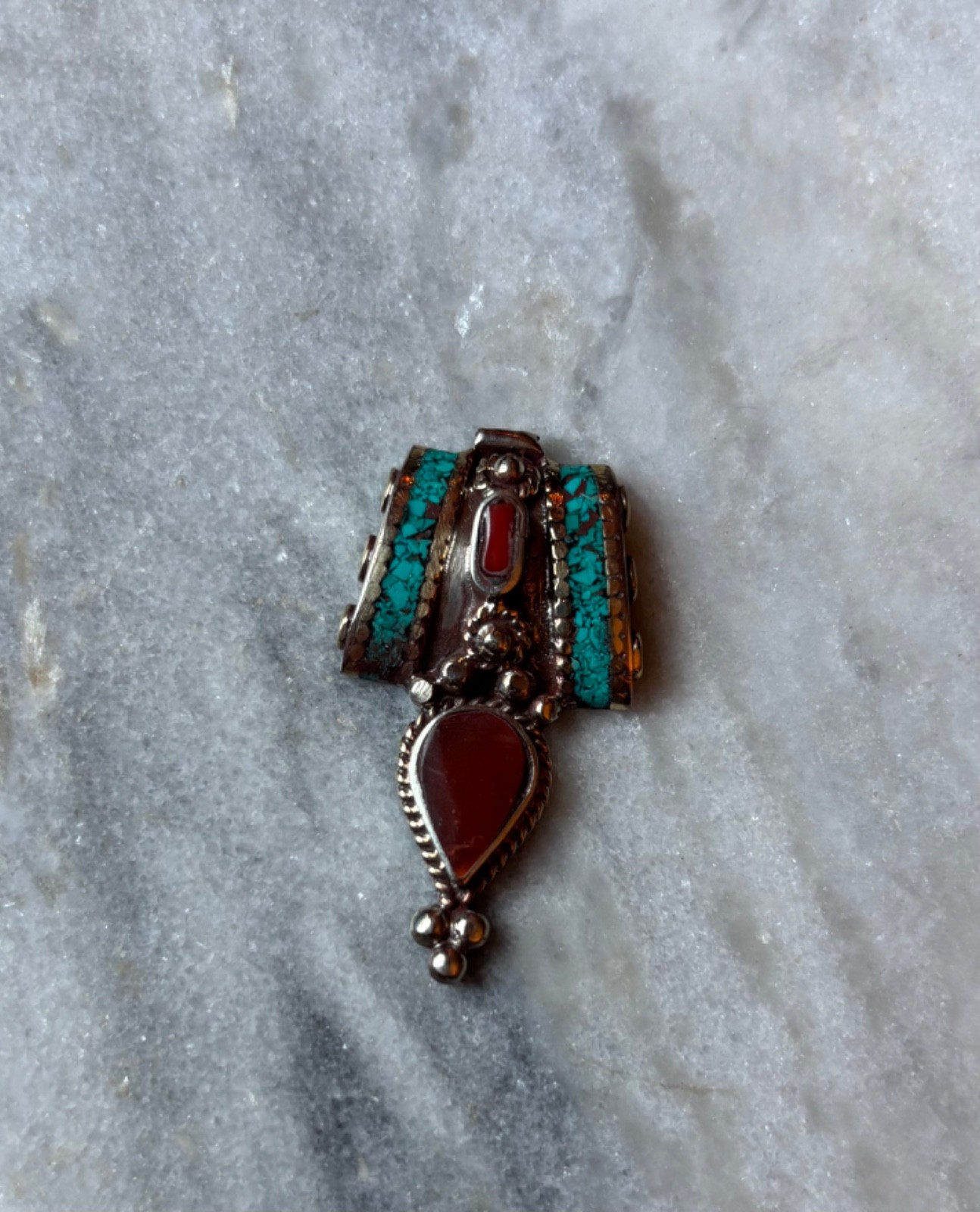 Coral, Turquoise, Tibetan Silver Bead w/3 holes for Necklace C640