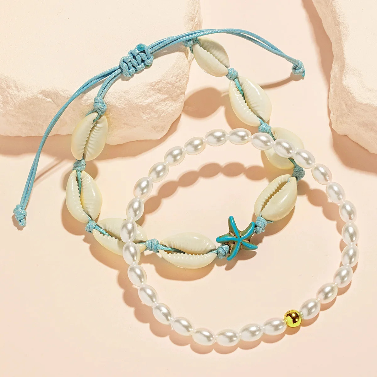 2Pcs Layered Anklet Set for Women Shell Starfish Rope Braided Ankle Chains Penta