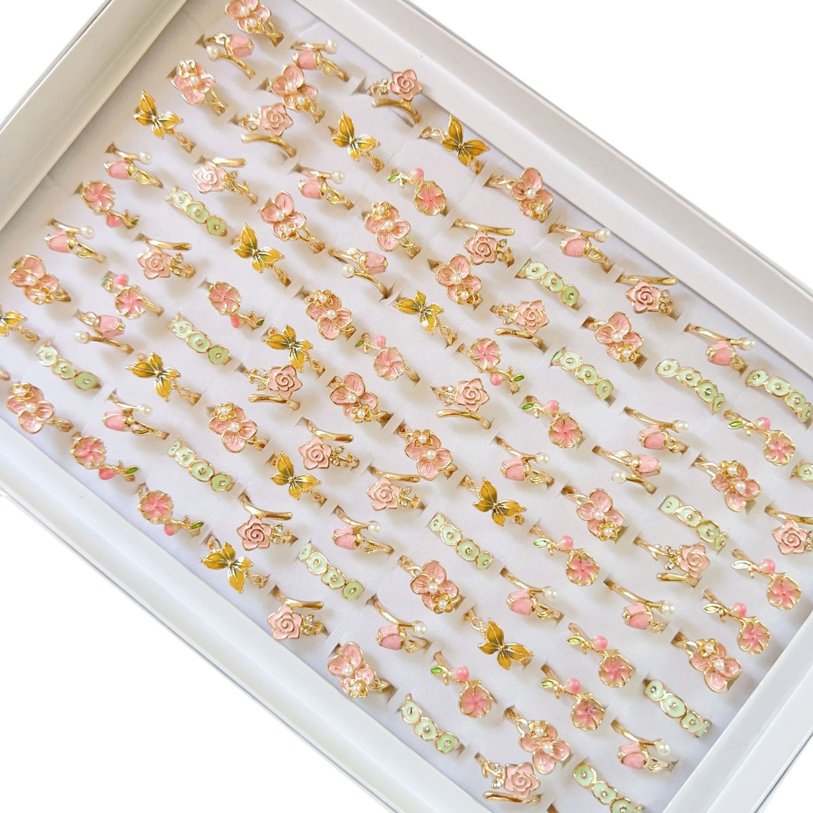 Wholesale 50Pcs Mixed Rings Dripping Rhinestone Flower Alloy Women Jewelry