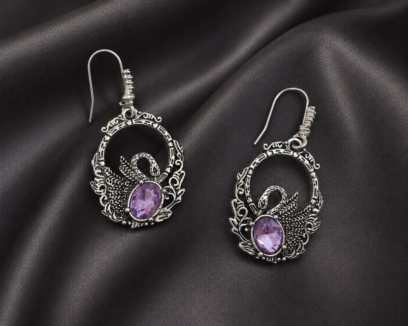 Silver Bird Swan Amethyst Earrings Filigree Gothic Boho VTG Antique Victorian CZ