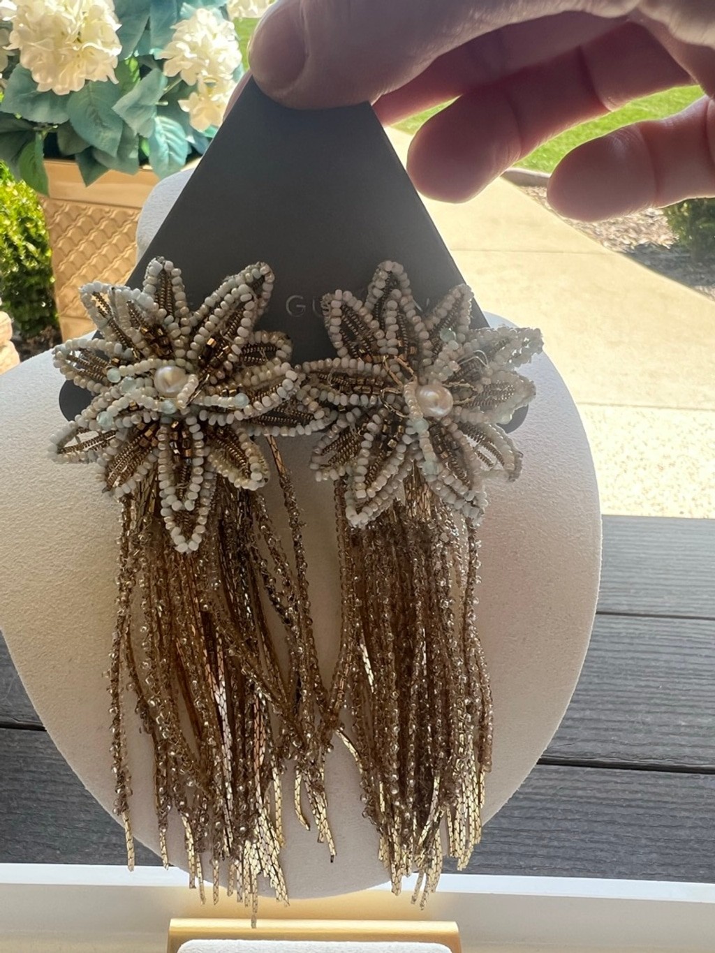 NWT Deepa Gurnani Gold & White Beaded Fringe Earrings