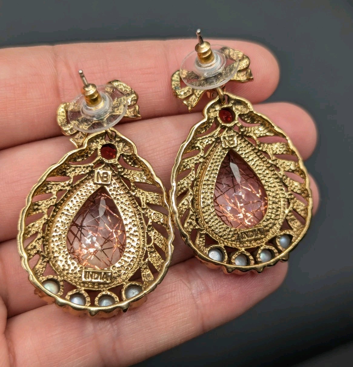 Nicky Butler NB Gold Tone Quartz Pearl Garnet Bow Drop Dangle Earrings 925 Posts
