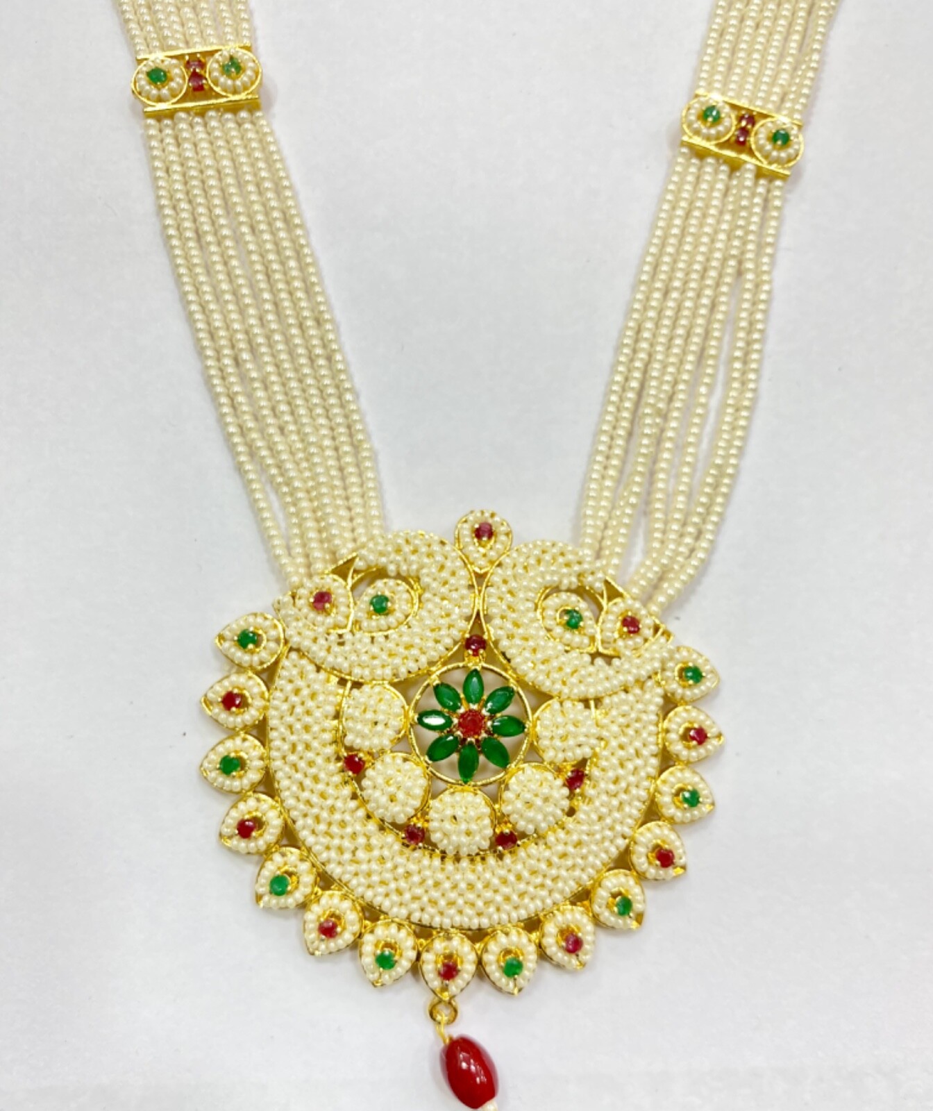 Indian Ruby Emerald Pearl Necklace Set Bridal Jewelry long Wedding Party Wear