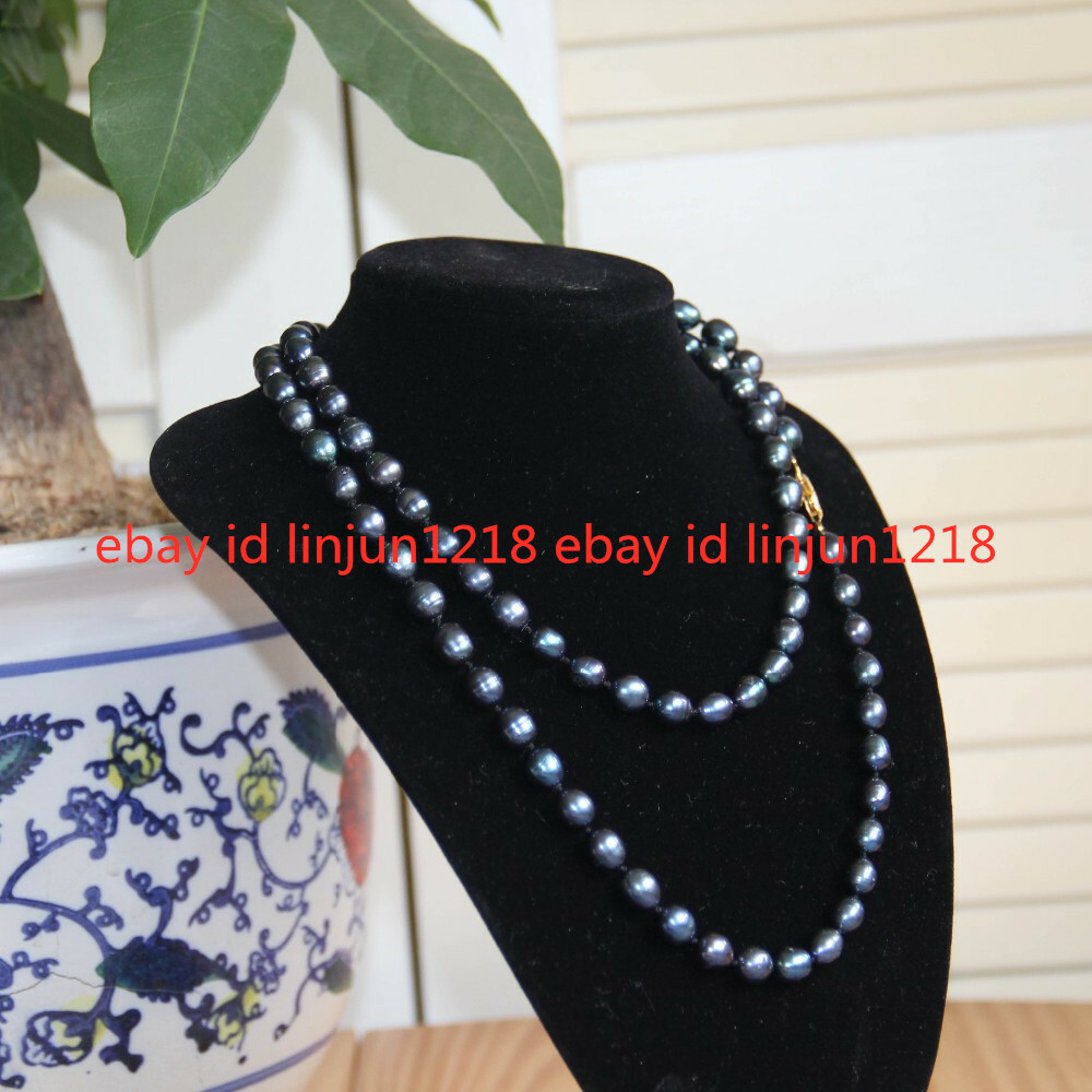 New 7-8mm 8-9mm 9-10mm 10-11mm Black Rice Pearl Necklace 18 in