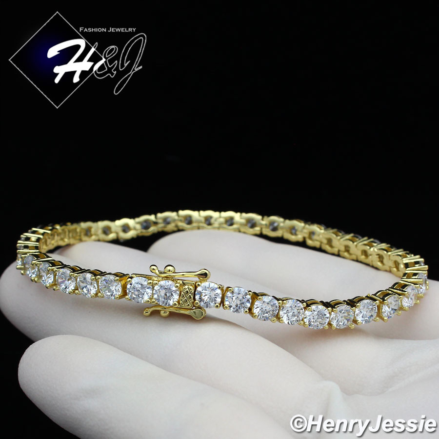 14K GOLD PLATED ICY CUBIC ZIRCONIA 8.25″X3MM GOLD 1 ROW TENNIS CHAIN BRACELET*G2