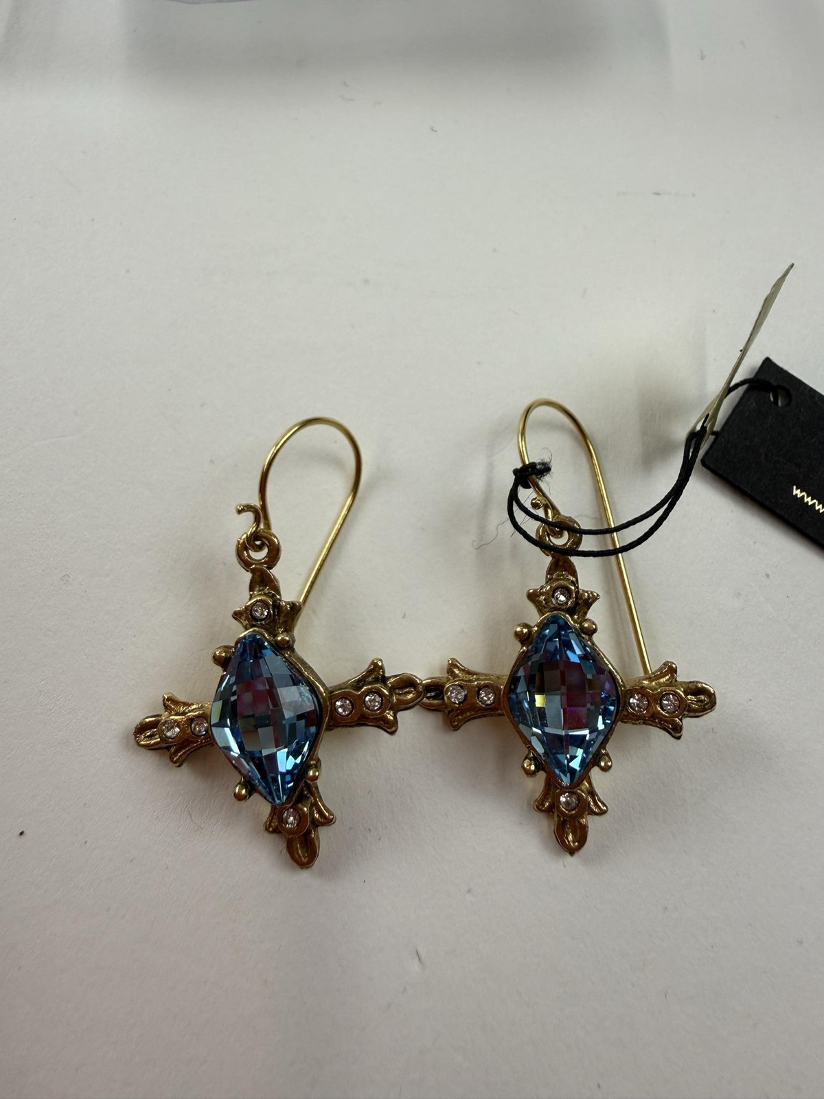 Virgins Saints & Angels Earrings Blue Crystal Cross Gold Tone Dangle Drop Womens