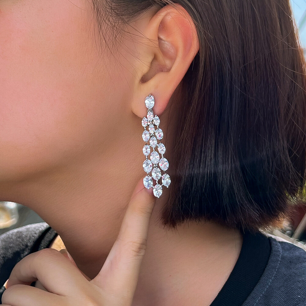 Clip On Long Chandelier Drop Earrings Silver Plated Cubic Zircon Wedding Jewelry