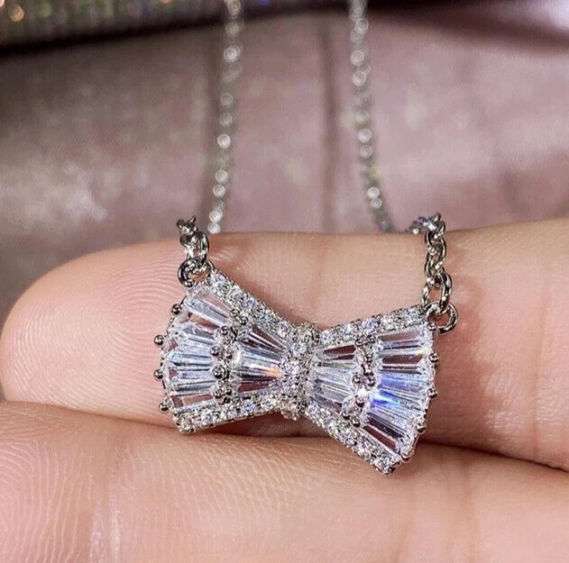 2.15Ct Baguette Cut Simulated Diamond Women’s Bow Pendant 14K White Gold Plated
