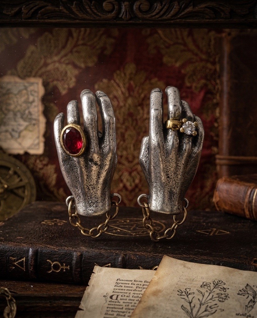 Gothic Hand Silver Earrings Museum Antique VTG Chain Gold Medieval Mismatch Boho