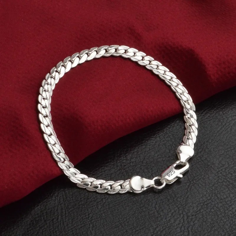 925 Sterling Silver Bracelet 6mm Flat Chain Lobster Clasp 18/20cm Unisex