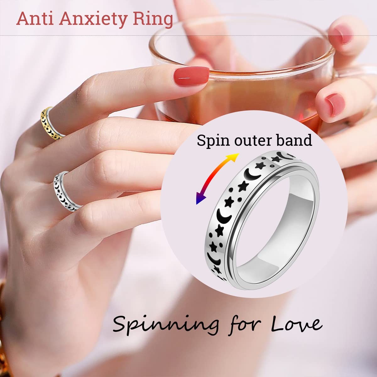 Anxiety Ring for Women Fidget Toys Adults Ring Stainless Steel Spinner Rings …