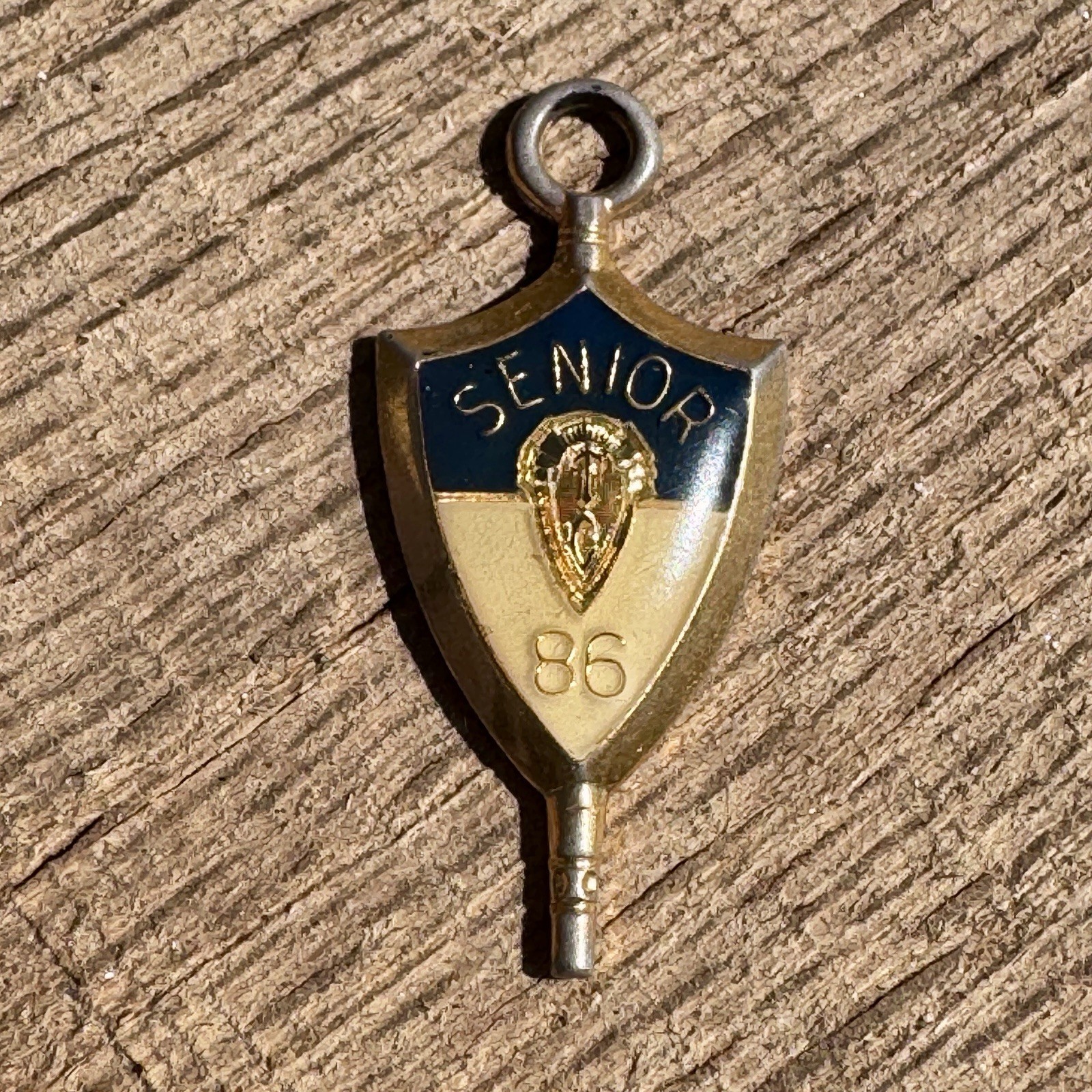 1986 Jostens Pendant Charm High School Senior Navy Blue Cream Gold tone