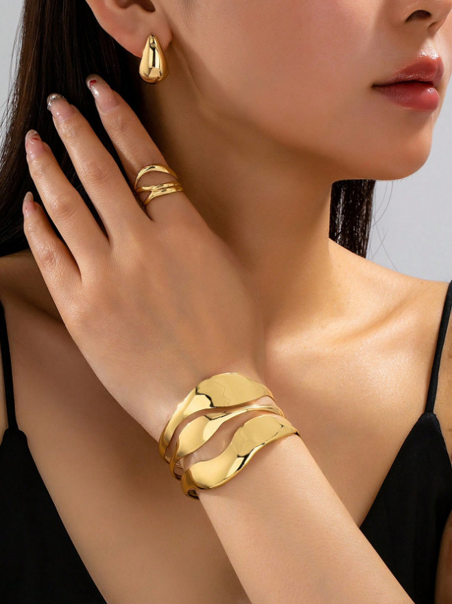 4 Pcs Jewelry Set Bracelet Earrings Ring Thick Cuff Teardrop Bangle For Women US