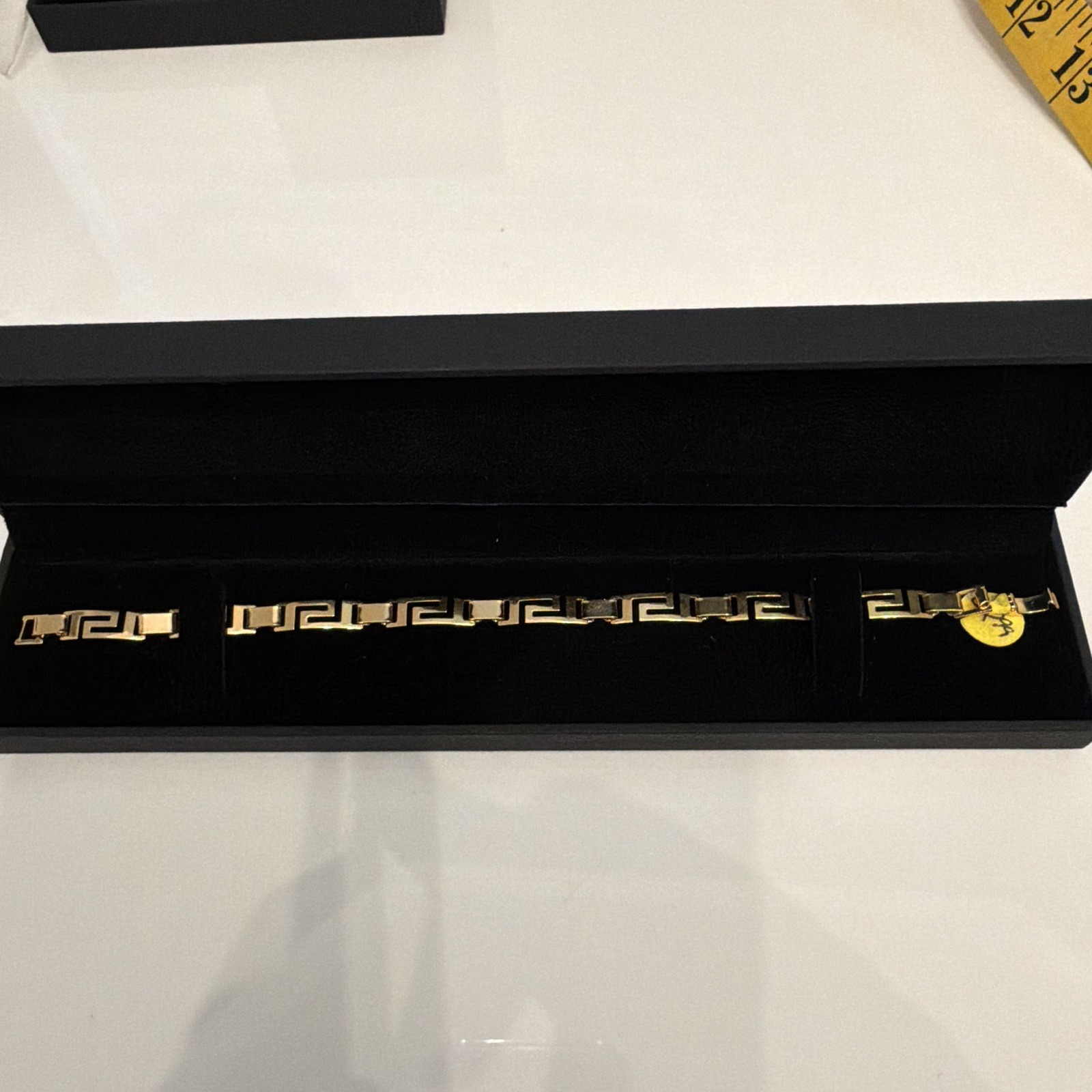 Gold Tone Greek Key Link Chain Bracelet, Fold Over Clasp, Metal, 8 in