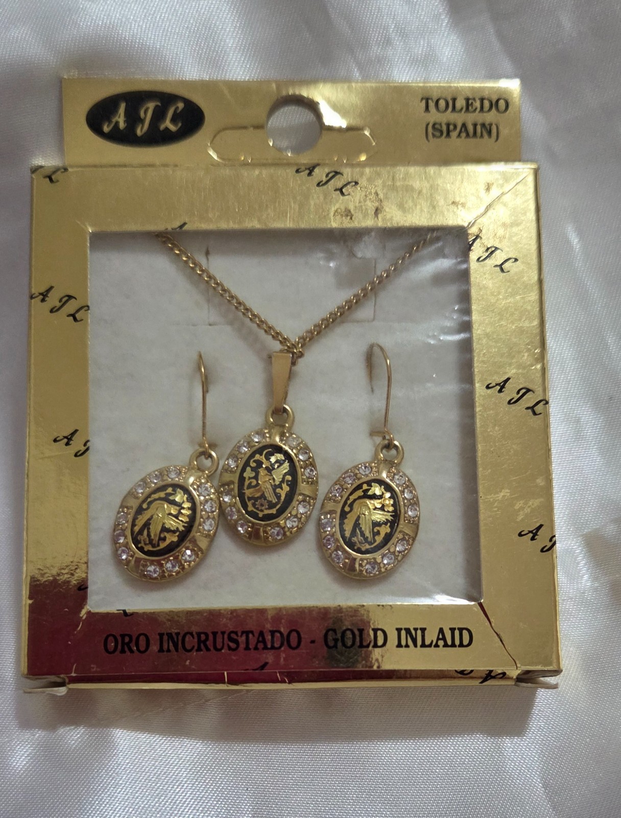 Toledo Spain Damascene 24K Gold Inlay Necklace & Earrings Set Black Enamel New