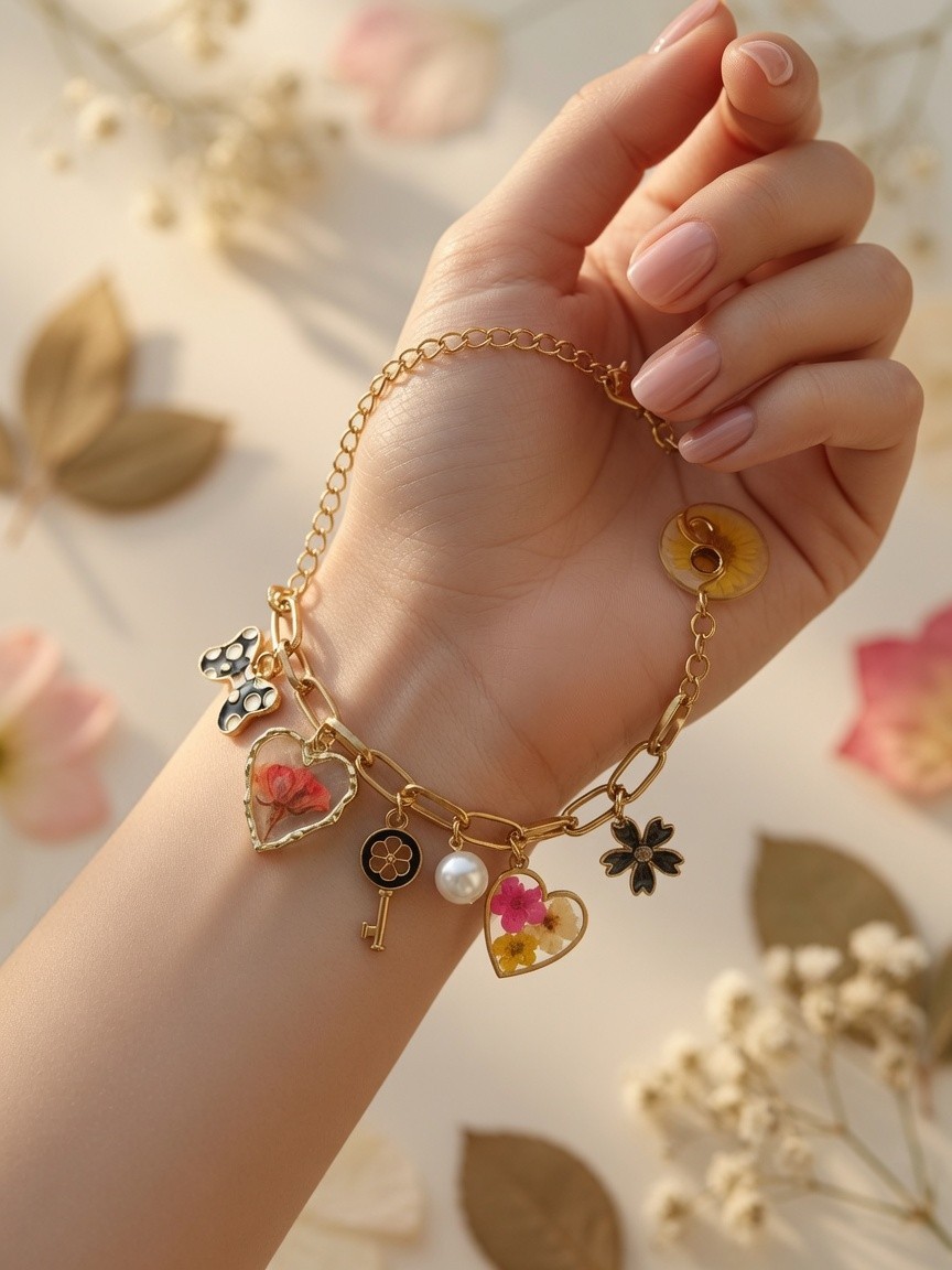 Real Rose Sunflower Daisy Charm Bracelet Handmade Gold Link Resin Pearl Jewelry