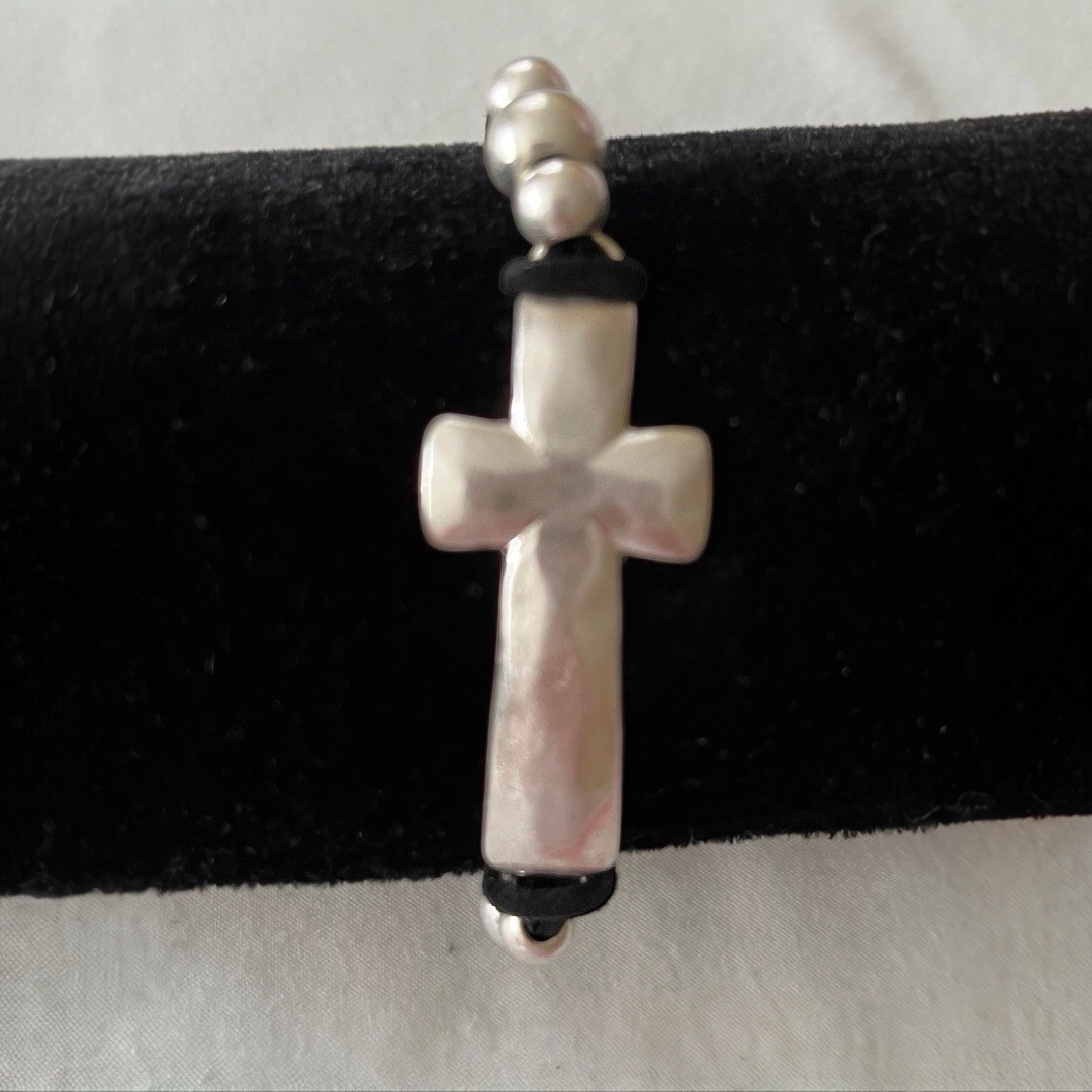 Adjustable BlackCord Beaded Bracelet w/ Cross Charm, Slide