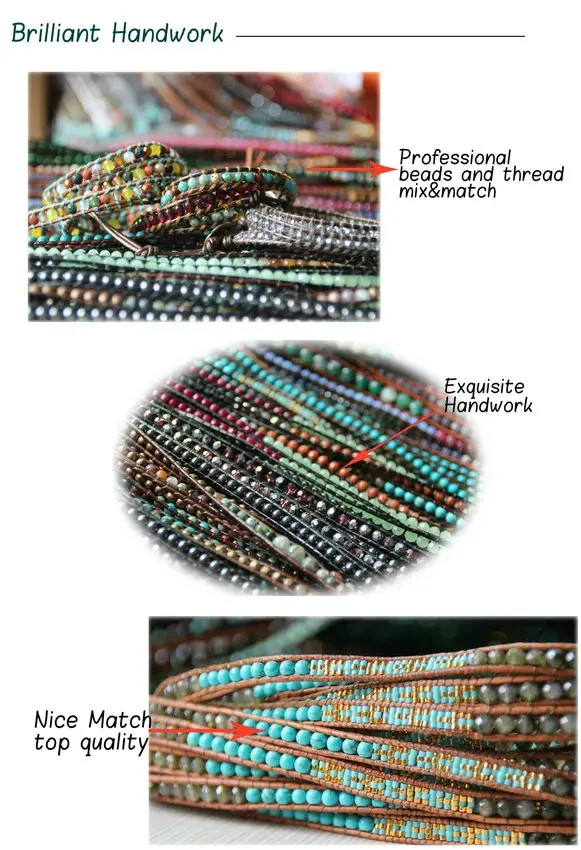 Aqua Blue Multi Strand Single Wrap Leather Bracelet 32.5 inches and 3 closures