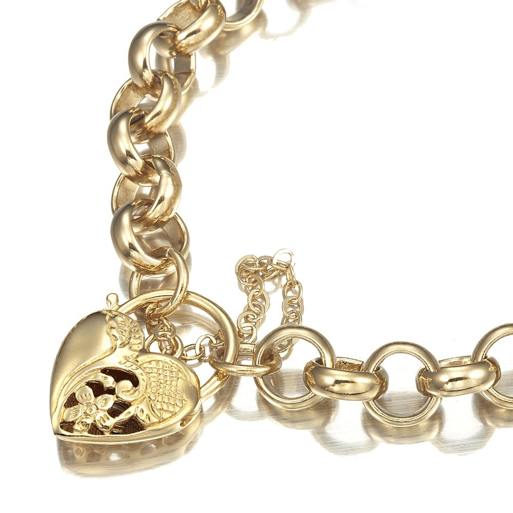 18K GL Solid Thick Chunky Belcher Gold Bracelet with Half Filigree Heart Padlock