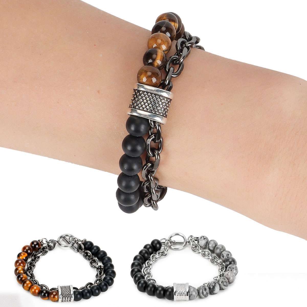 Stainless Steel Bracelets Natural Map Stone Men’s Women Beaded Tiger Eye Jewelry
