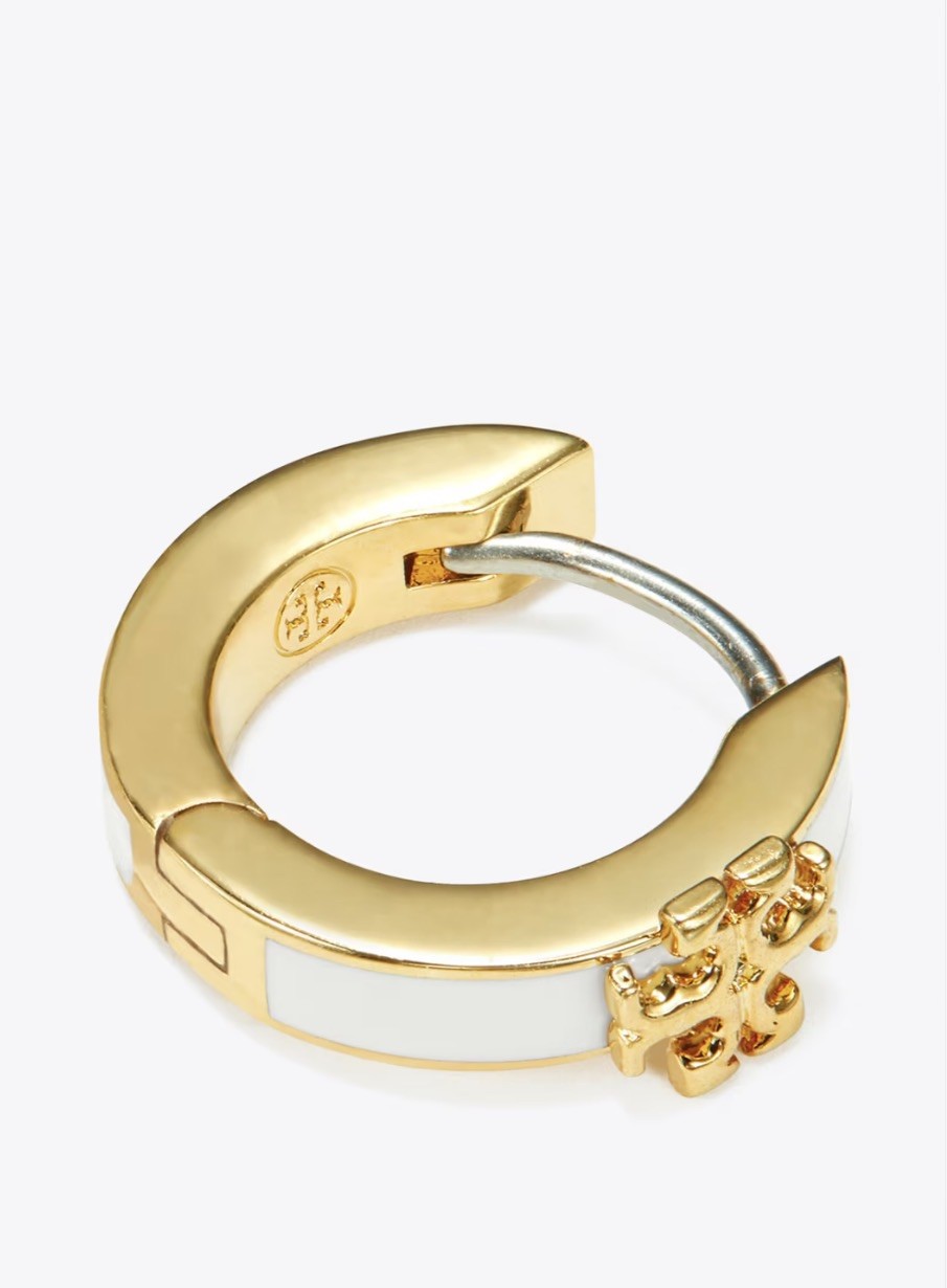 Tory Burch Gold RARE Metal Enamel Hoop Earrings Hinged Closure Round Lobe PINK