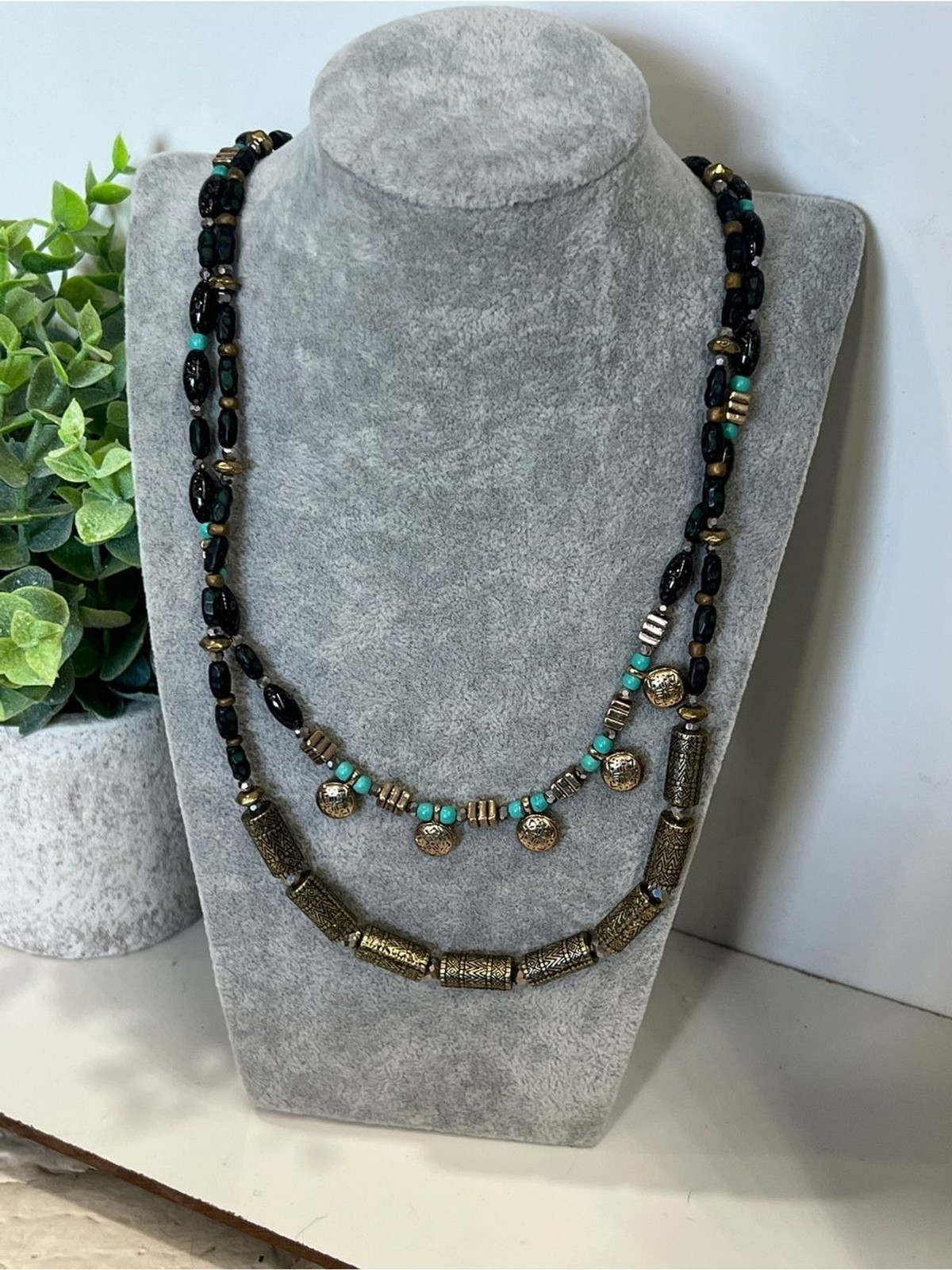 Long Delicate Black Beaded Layered Necklace with Turquoise Accents