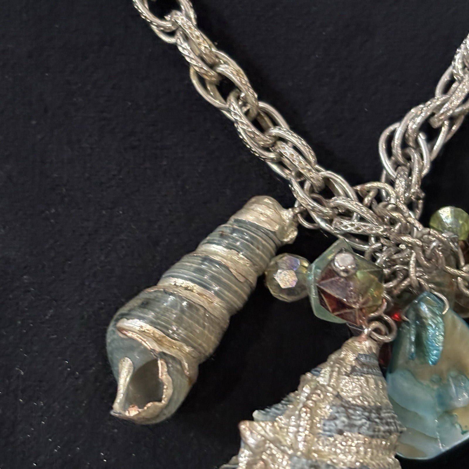 Coastal Shell Charm Necklace Silver Tone Beach Boho Statement 30” Blue Green