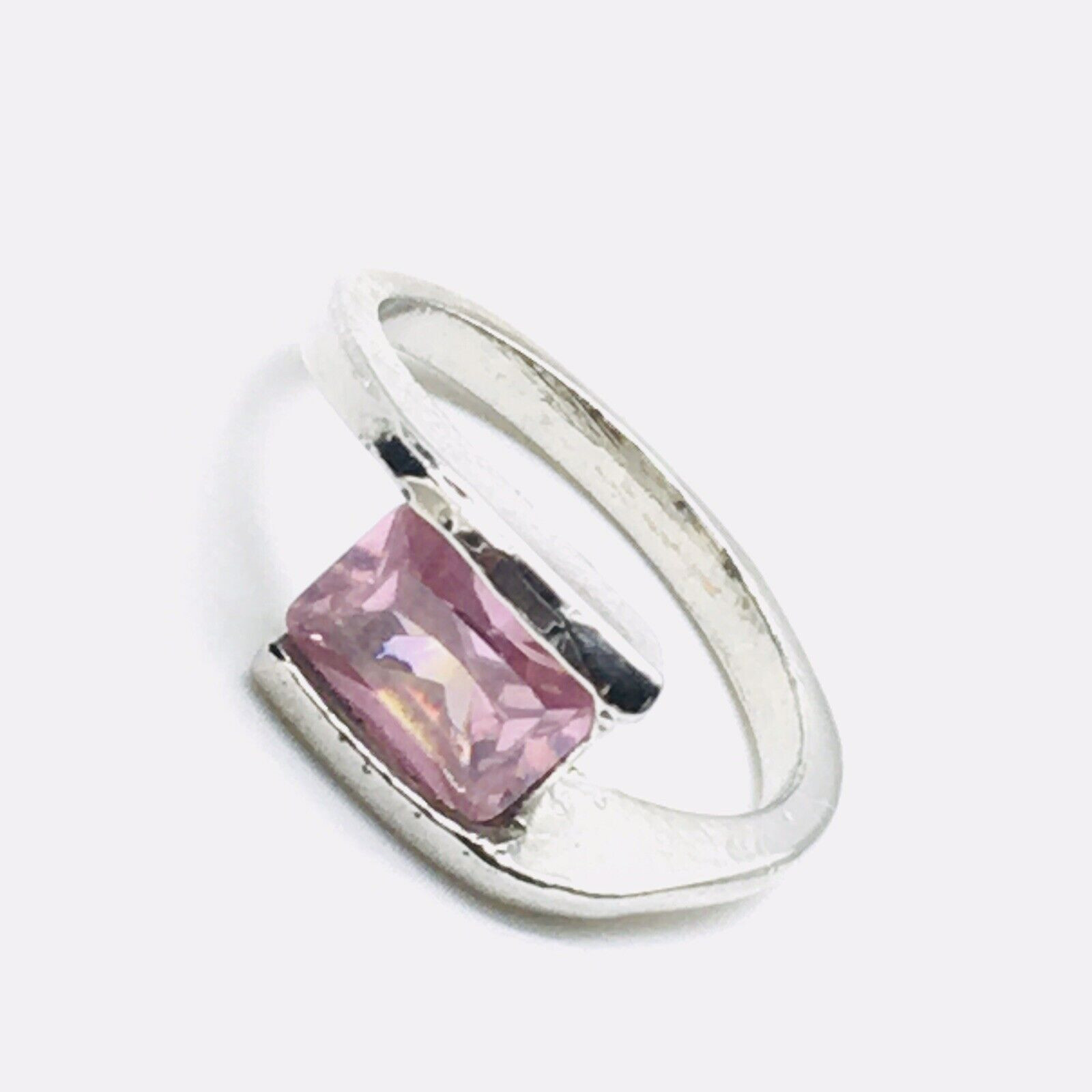 Silver Tone Tension Setting Pink Rhinestone Ring Sz 7