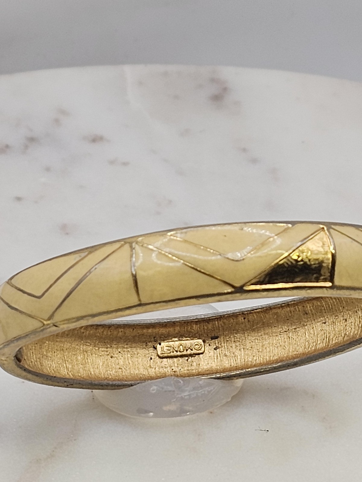 Vintage Monet Bracelet Cream Enamel Gold Tone Bangle Push Lock Hinged Jewelry