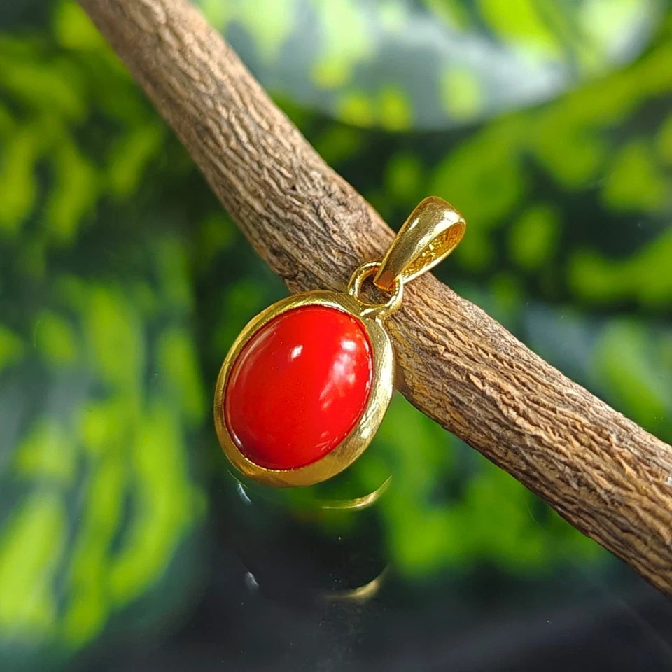 Red Coral Gemstone Pendant, 9x11mm Oval Gold Plated Handmade Fashion Jewelry.