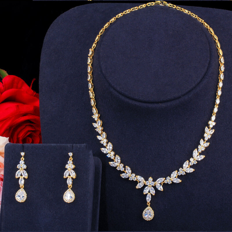 CWWZircons Luxury Leaf Silver Plated Cubic Zirconia Wedding Necklace Jewelry Set