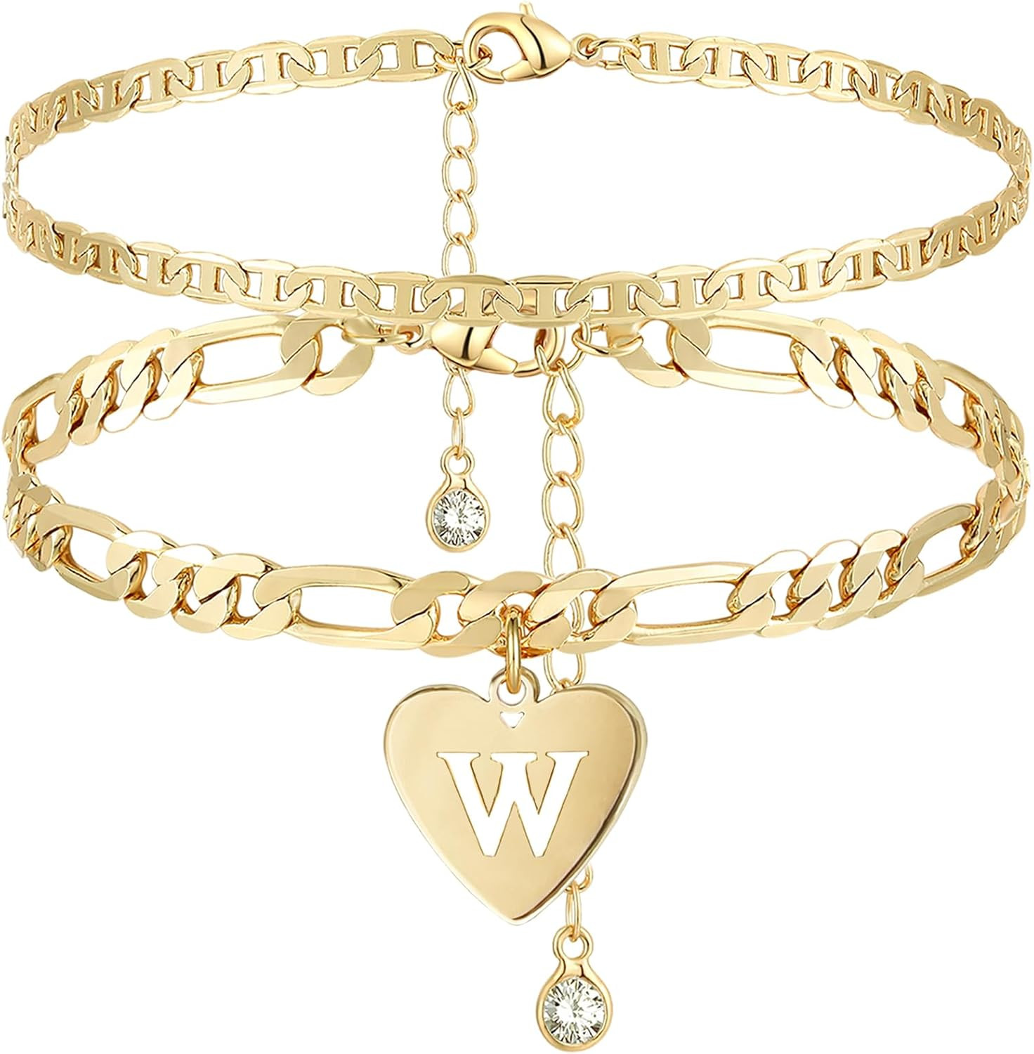 14k Gold Initial Ankle Bracelet for Women 10k Solid Gold Layered Figaro Anklets