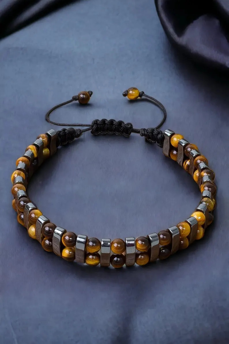 Tigers Eye Hematite Bracelet Energy Stone Jewelry Healing Women Men Reiki Gifts