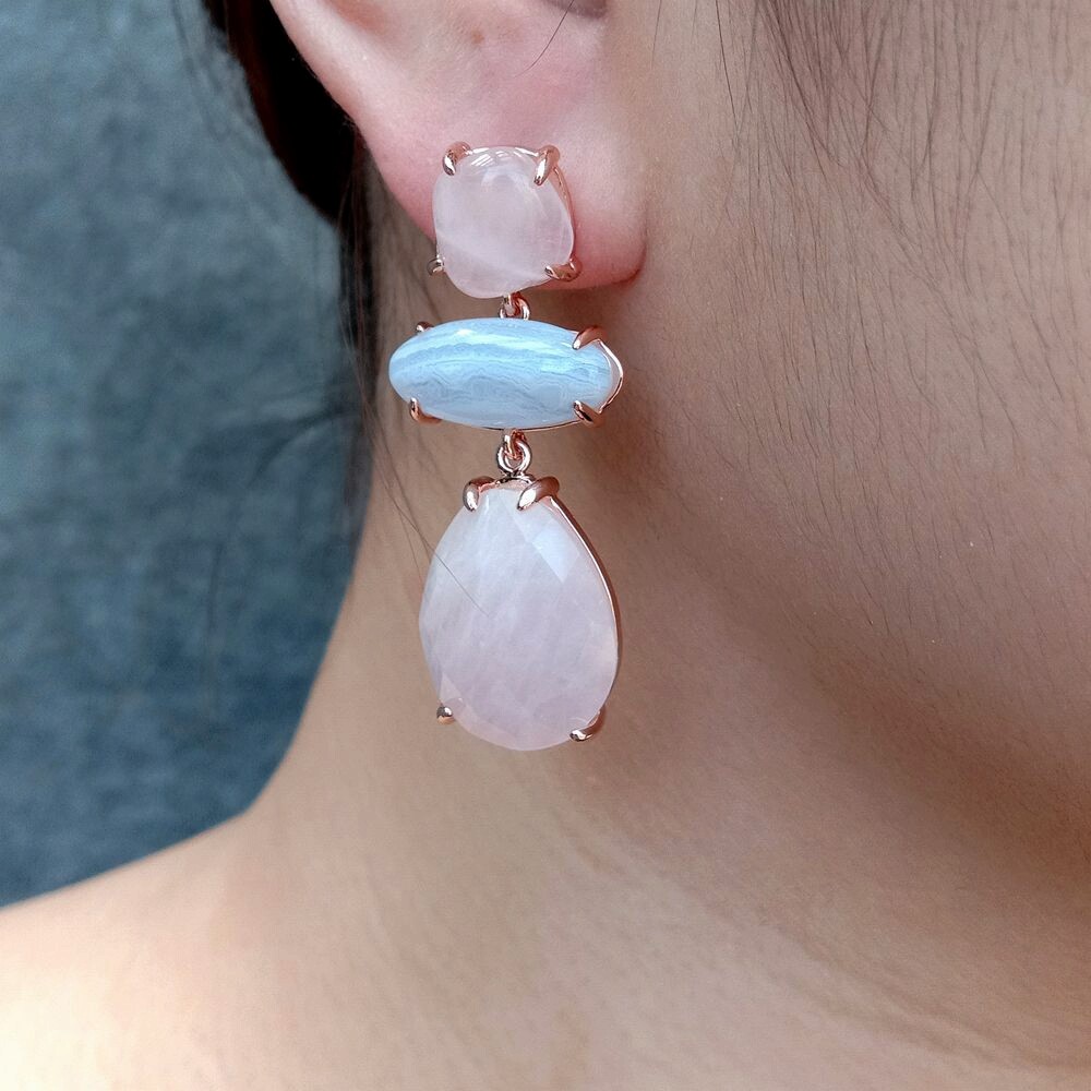 Rose Quartz Blue Chalcedony Dangle Stud Earrings Gemstone  women Fashion Jewelry