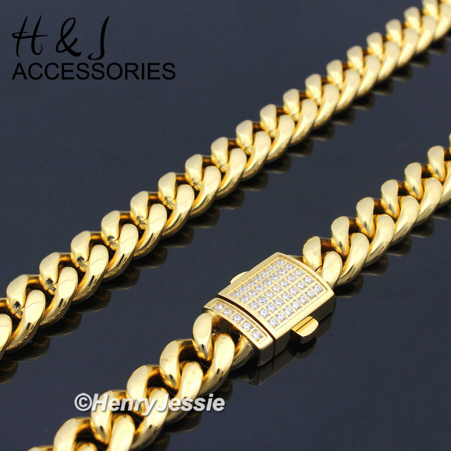 18″-40″Stainless Steel 7/10/12mm Gold Plated ICY CZ Miami Cuban Chain Necklace