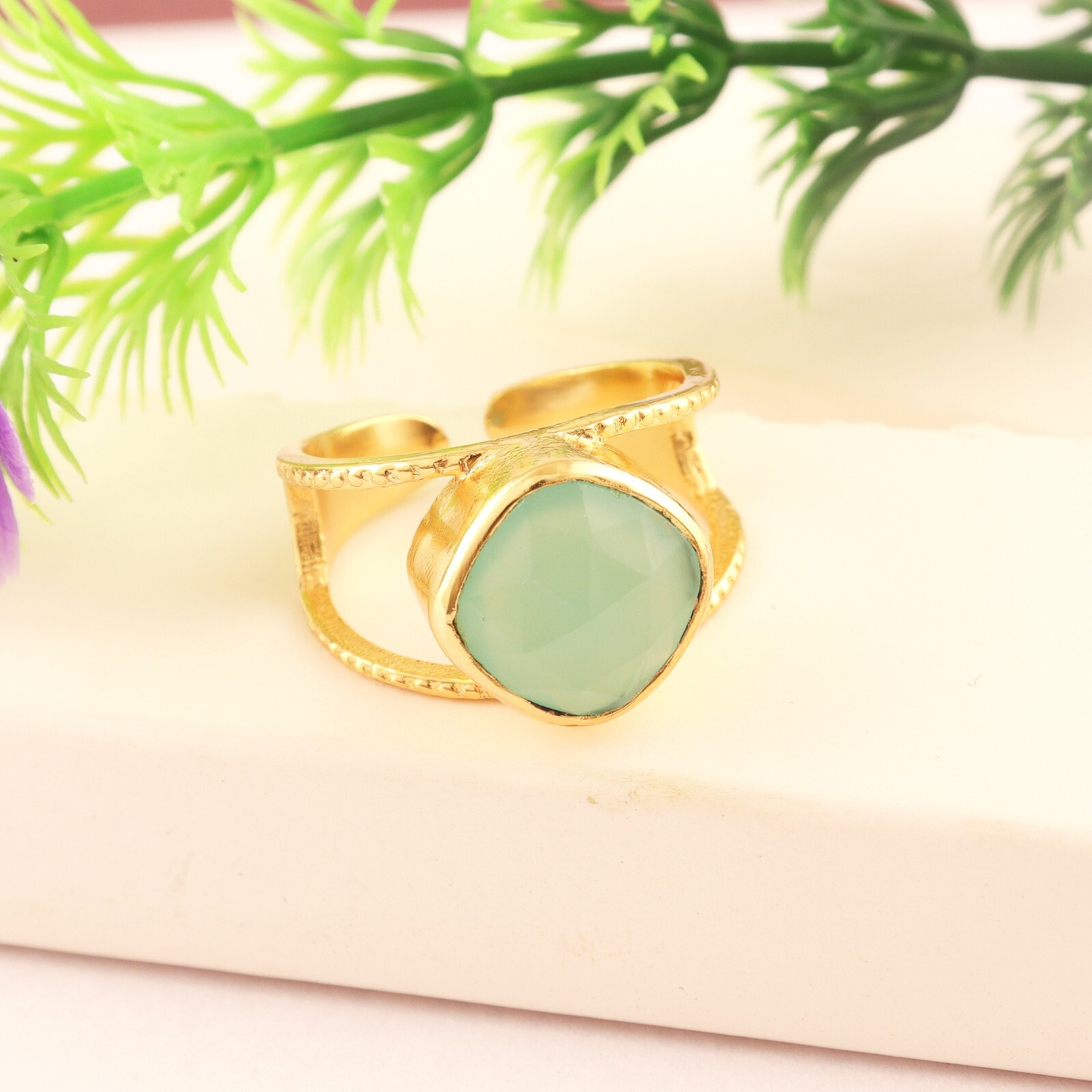 Aqua Chalcedony Gemstone Ring Double Leyer Gold Plated Stackable Adjustable Ring