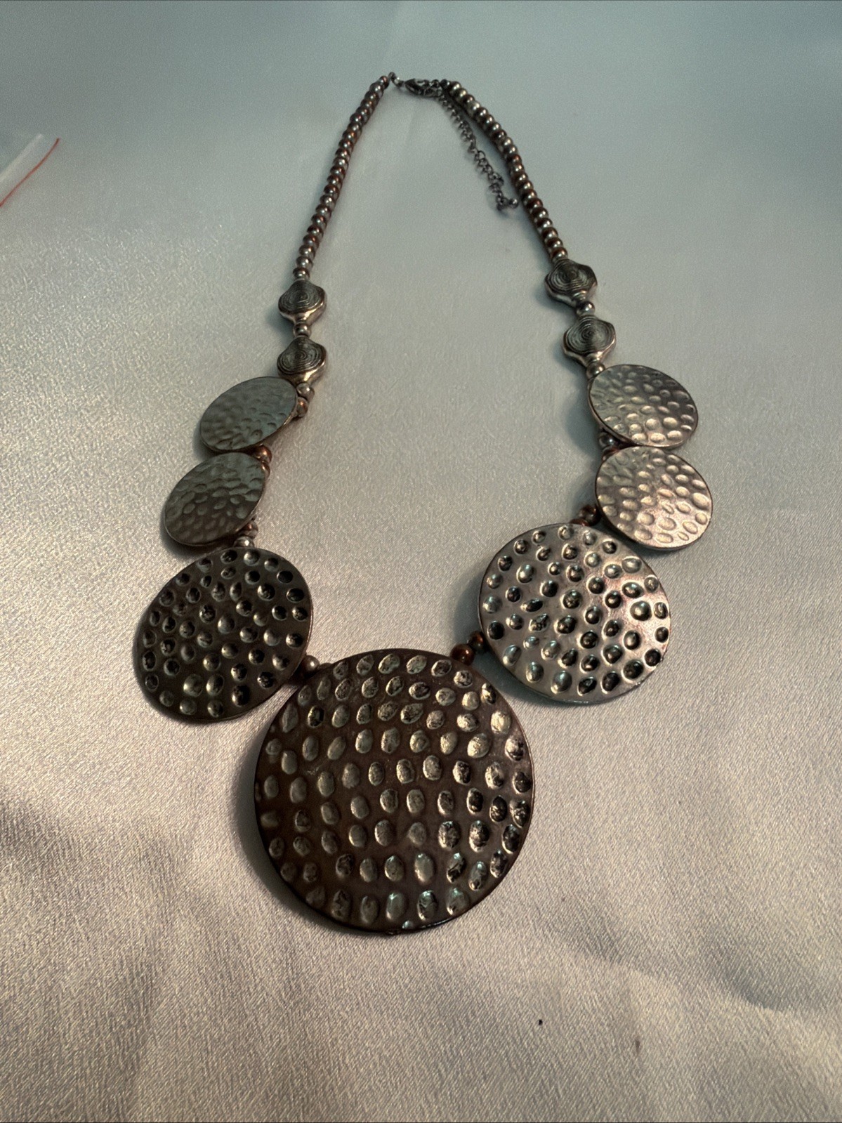 Retro Hammered Medallion And Beaded Necklace. 16 Inches Long Adjustable.