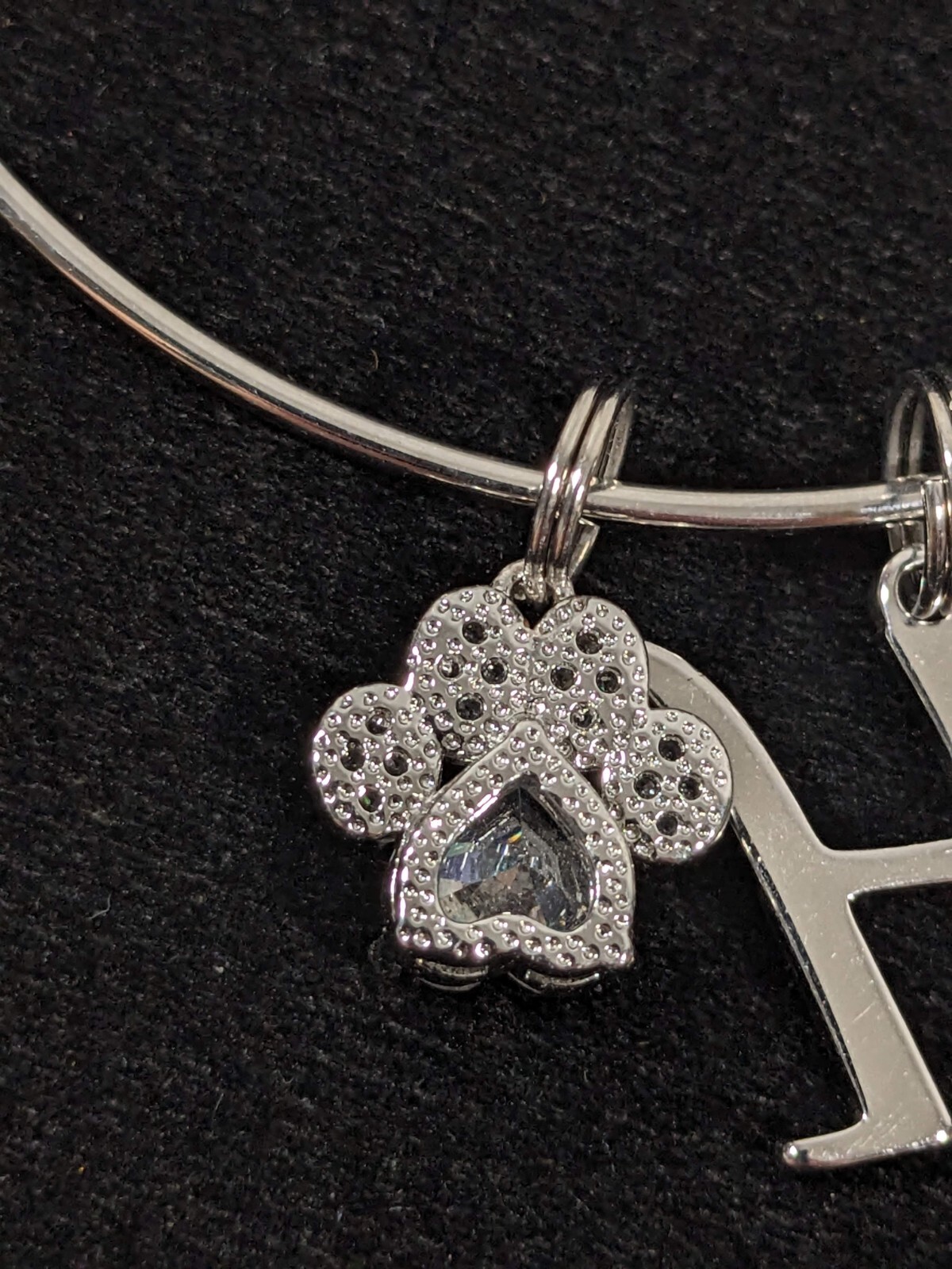 Silver Tone Initial Letter H Paw Print Crystal Faux Pearl Charm Bracelet 8.5 in