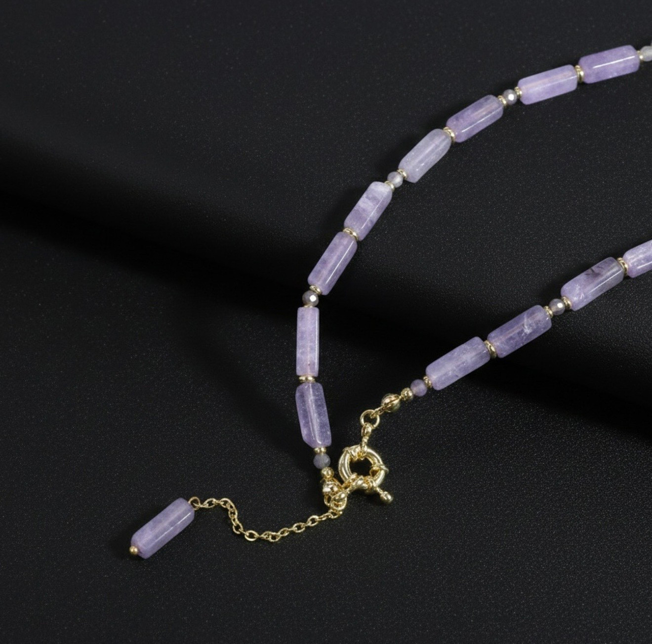 18K Gold Plated Amethyst Beaded Y Toggle Necklace Purple Semi-Precious Stone NEW