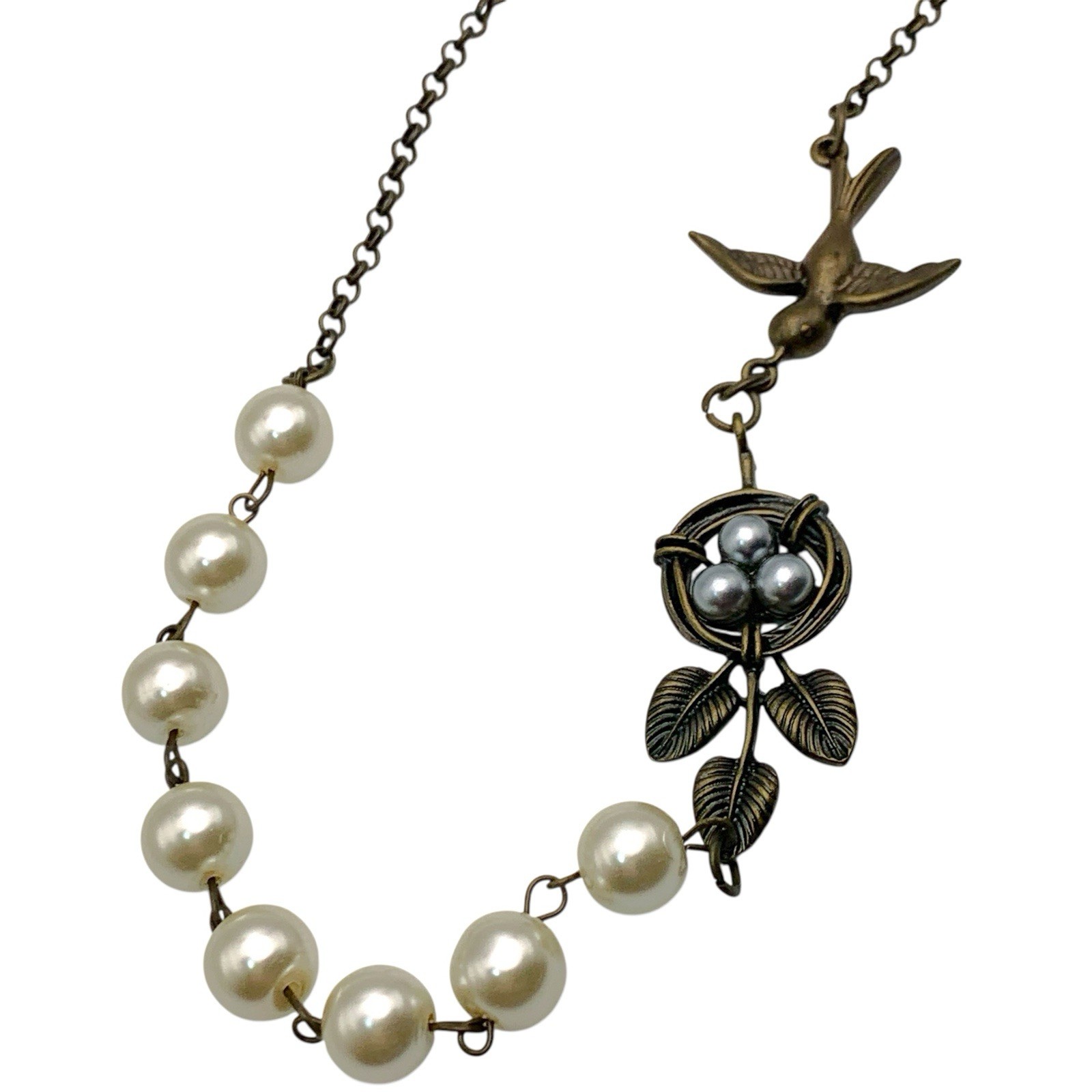 Plunder Bronze Tone 3D Bird Nest Gray Pearl Eggs Necklace And Earrings Set 17”